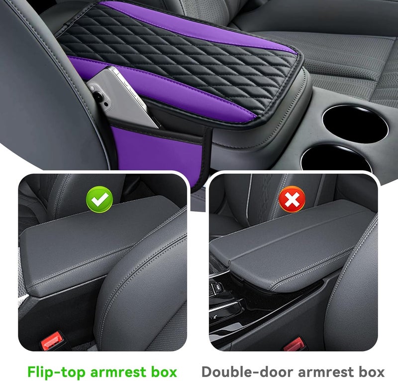 Tioollev Patchwork Leather Car Center Console Cover,Microfiber Leather Vehicle Armrest Protector Cushion with 2 Storage Bags,Universal Cars Armrest Cushion for SUV, Sedan, Truck (Purple) - Image 4